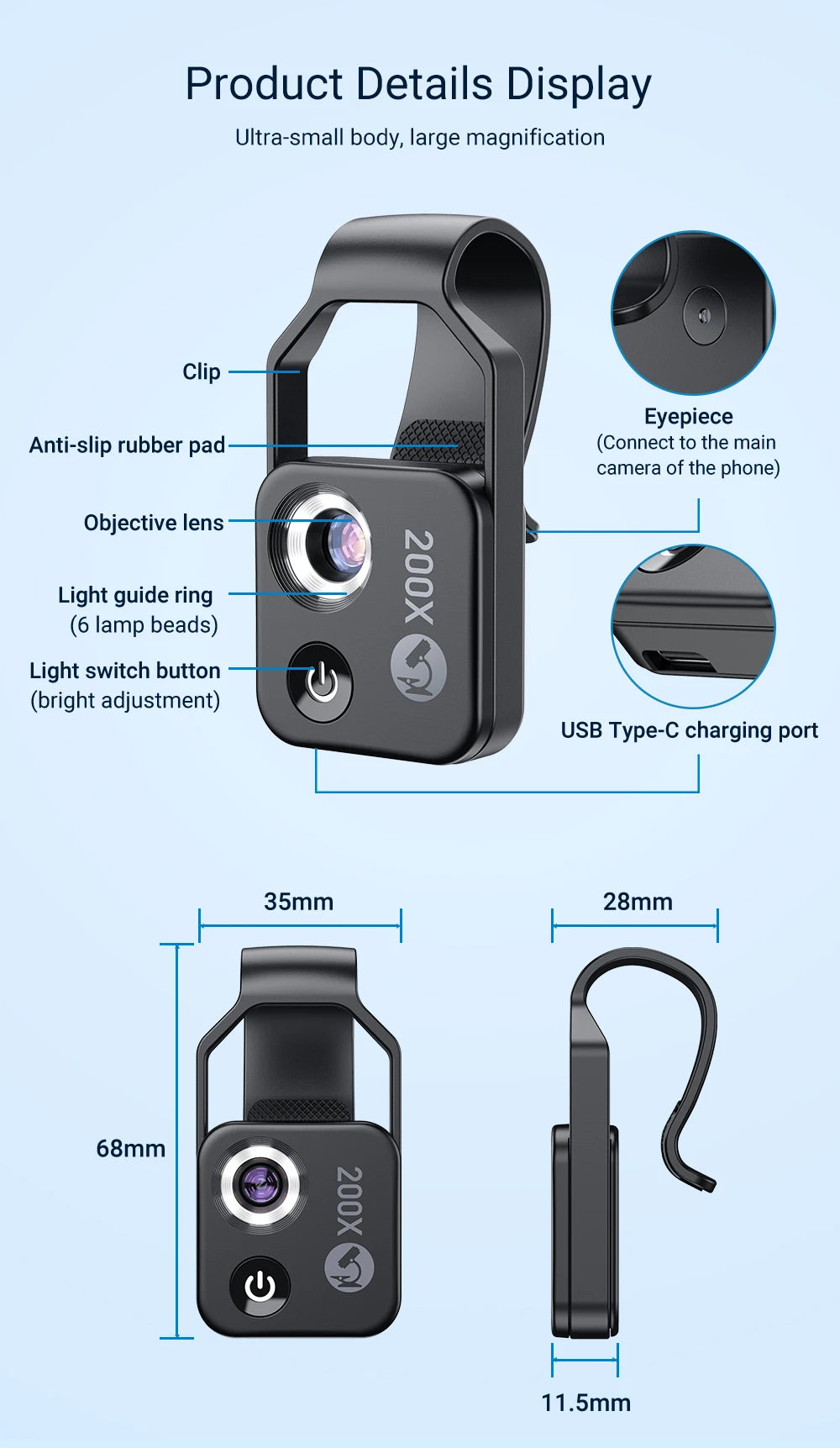 APEXEL Digital 200X Microscope Lens with CPL Mobile LED Guide Light Lamp Micro Pocket