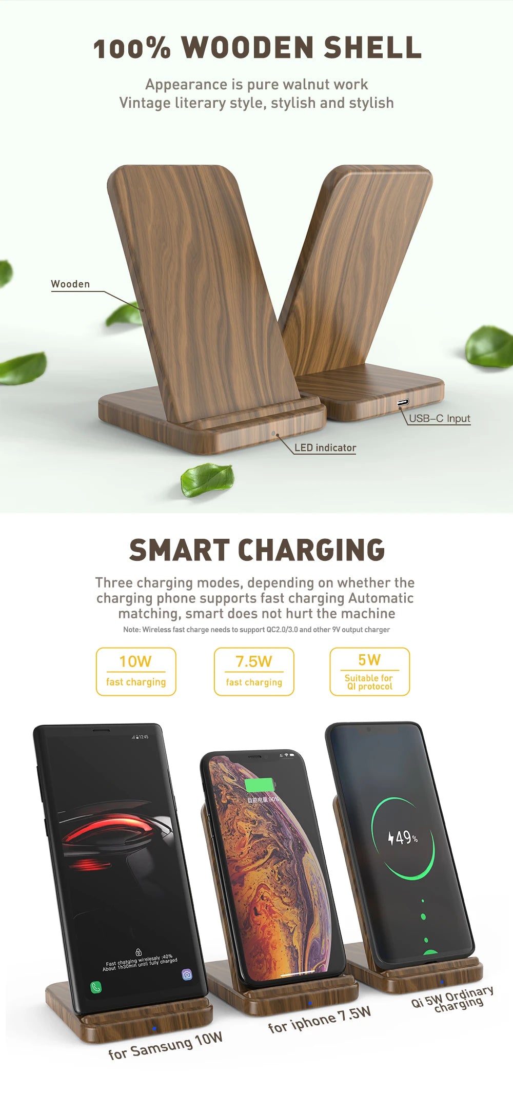 15W Wooden Qi Wireless Charger for iPhone 15 Pro Max 14 13 12 11 XR fast Wireless Charging Stand for Samsung S24 S23 S22