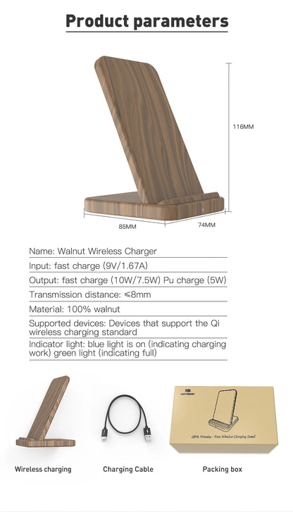 15W Wooden Qi Wireless Charger for iPhone 15 Pro Max 14 13 12 11 XR fast Wireless Charging Stand for Samsung S24 S23 S22