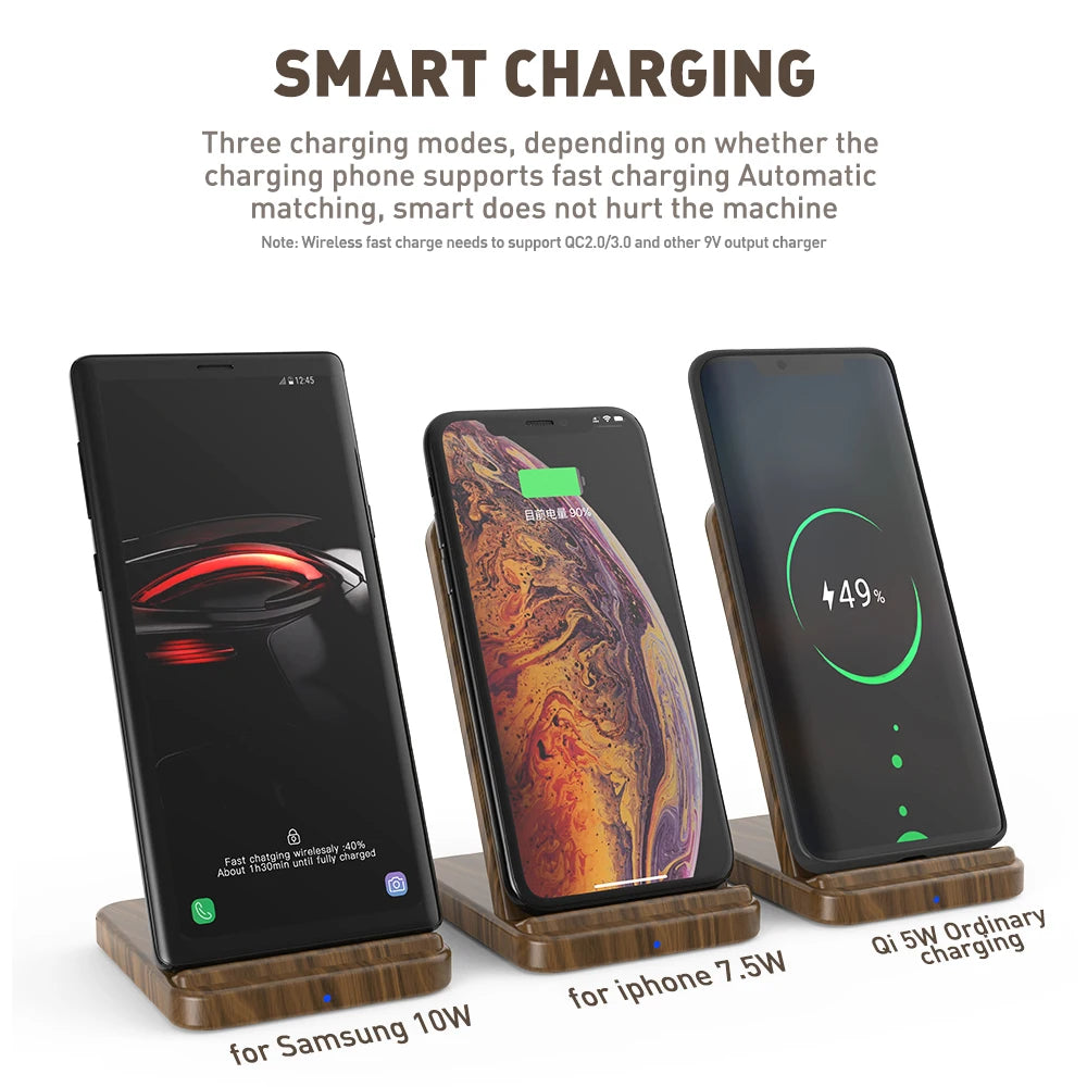 15W Wooden Qi Wireless Charger for iPhone 15 Pro Max 14 13 12 11 XR fast Wireless Charging Stand for Samsung S24 S23 S22