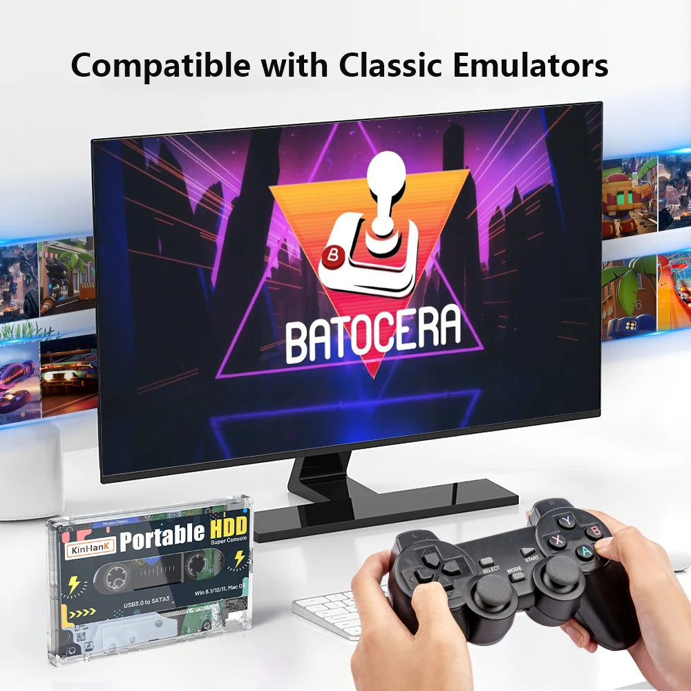 Portable External Game HDD Batocera38 320G Hard Drive For PS2/PSP/PS1/SS/N64/Wii/Wii U with 60000 Retro Video Game for PC/Laptop