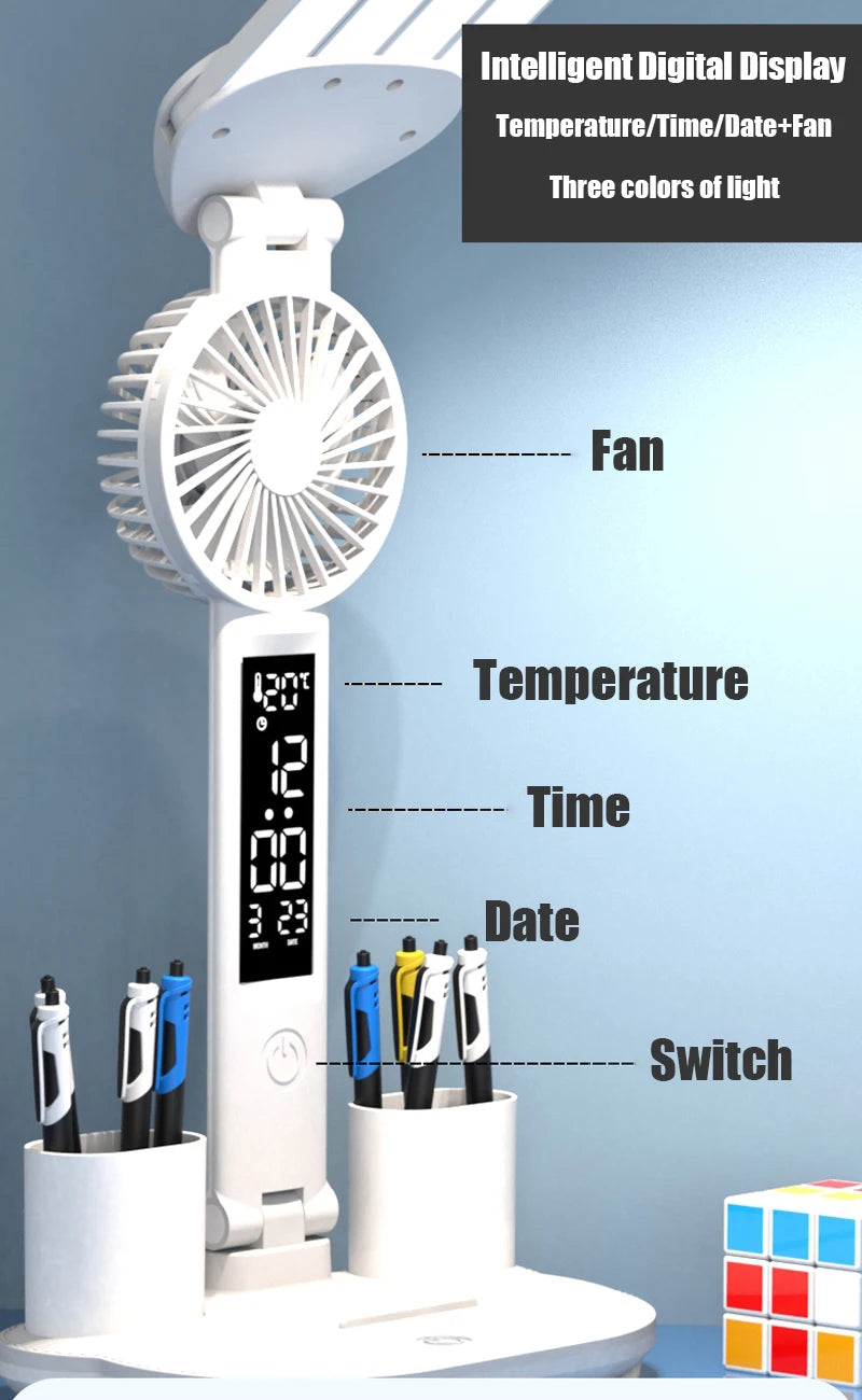 3in1 Multifunction  LED Lamp Four-headed Folding With Fan Calendar Clock