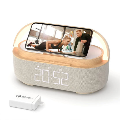 Wooden Bluetooth Speaker with Digital Alarm Clock Wireless Charger FM Adjustable LED Night Light