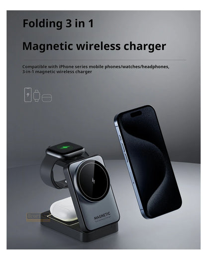 3-in-1 Foldable Magnetic Wireless Charging Dock for iPhone 16/15/14/13/12, Samsung, Apple Watch 9, and AirPods - Fast Charging Station