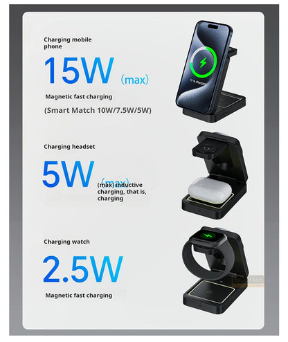 3-in-1 Foldable Magnetic Wireless Charging Dock for iPhone 16/15/14/13/12, Samsung, Apple Watch 9, and AirPods - Fast Charging Station