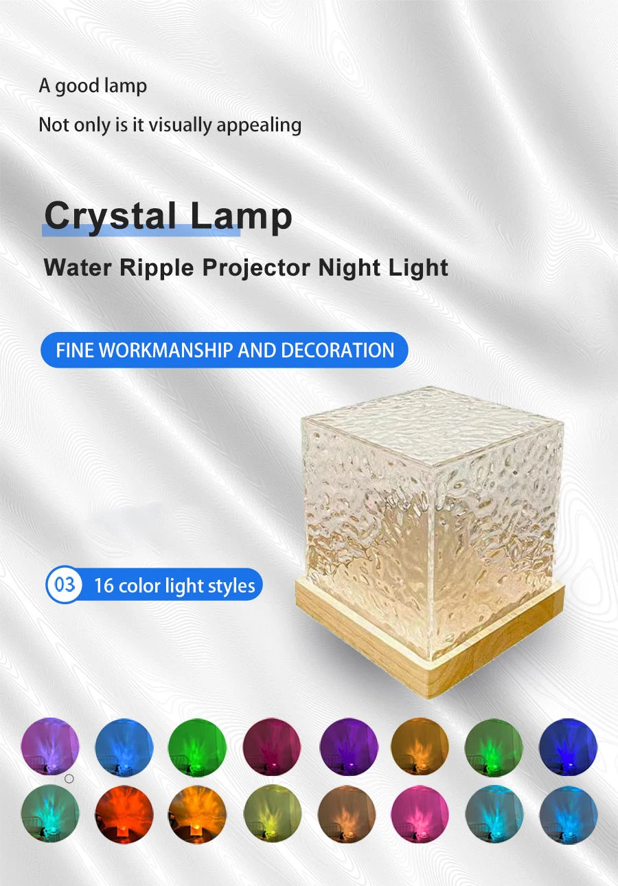 Dynamic Rotating Water Ripple Projector Night Light 3/16 Colors Flame Crystal Lamp for Living Room Study Bedroom Rotating Light