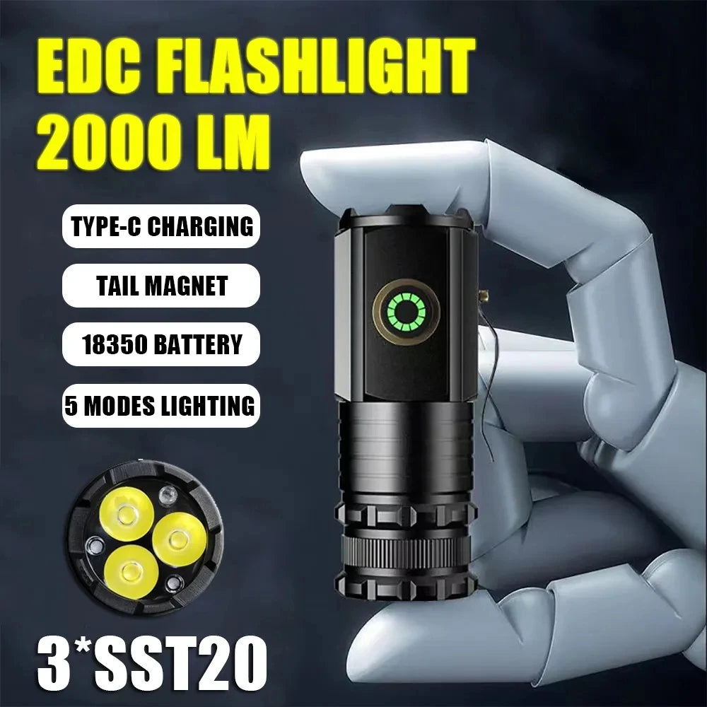 Powerful Portable Mini LED Flashlight 2000LM 3LED Ultra Strong Light 18350 Built-in Battery USB Rechargeable With Magnet Torch