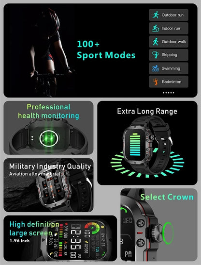 New Men's Military Smartwatch - IP68 5ATM Waterproof Outdoor Sports Fitness Tracker with Health Monitoring & 1.96'' Display, Bluetooth Call Function