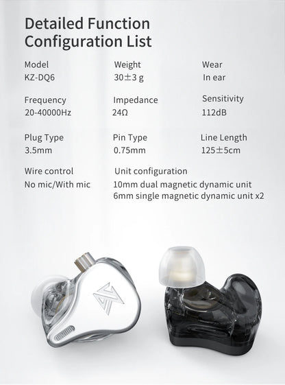 KZ DQ6 3DD Dynamic Driver HIFI In Ear Earphone High Resolution Headphone Noise Cancelling Headset