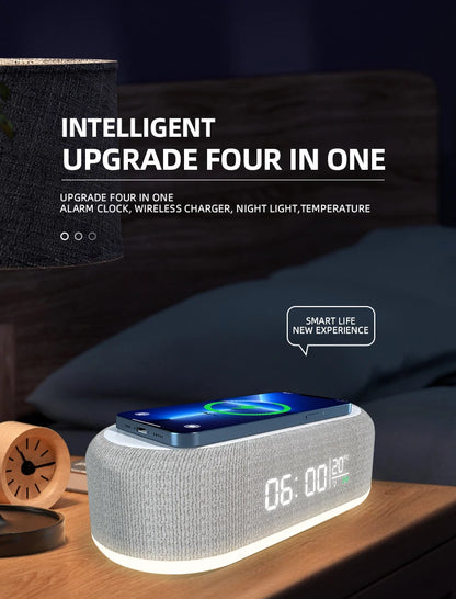 15W Fast Wireless Charging Dock Station with Alarm Clock, LED Time Display, Thermometer, and Earphone/Phone Charger for iPhone and Samsung