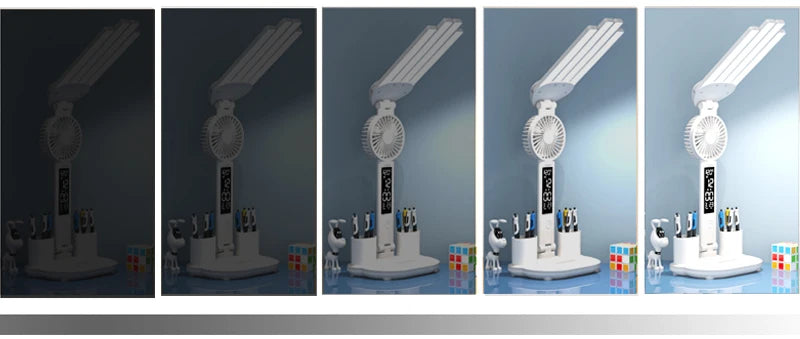 3in1 Multifunction  LED Lamp Four-headed Folding With Fan Calendar Clock