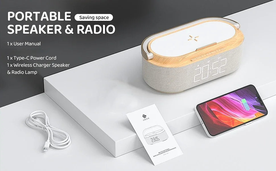 Wooden Bluetooth Speaker with Digital Alarm Clock Wireless Charger FM Adjustable LED Night Light