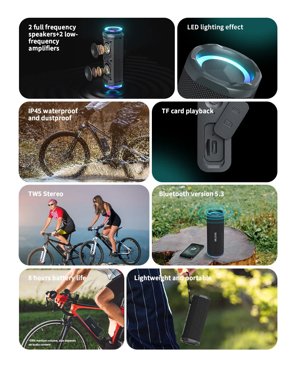 MLOVE P2 Bluetooth Speaker, Dual Speakers, RGB Lights, IPX7 Waterproof,