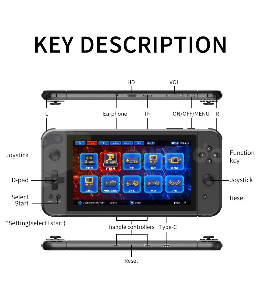 POWKIDDY X70 Handheld Game Console 7 Inch Video Game Players Supports 2 USB Controllers PS1 Game