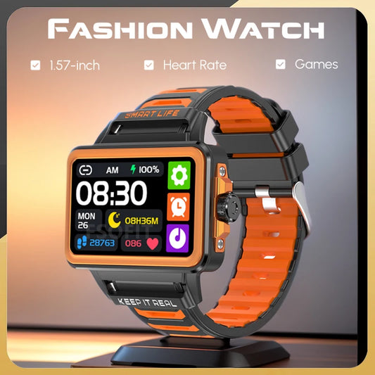 Stylish Smartwatch with 1.57-inch HD Display, 24/7 Heart Rate & Sleep Monitoring, Waterproof, and Built-in Games