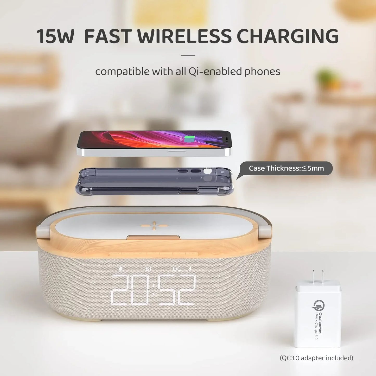 Wooden Bluetooth Speaker with Digital Alarm Clock Wireless Charger FM Adjustable LED Night Light