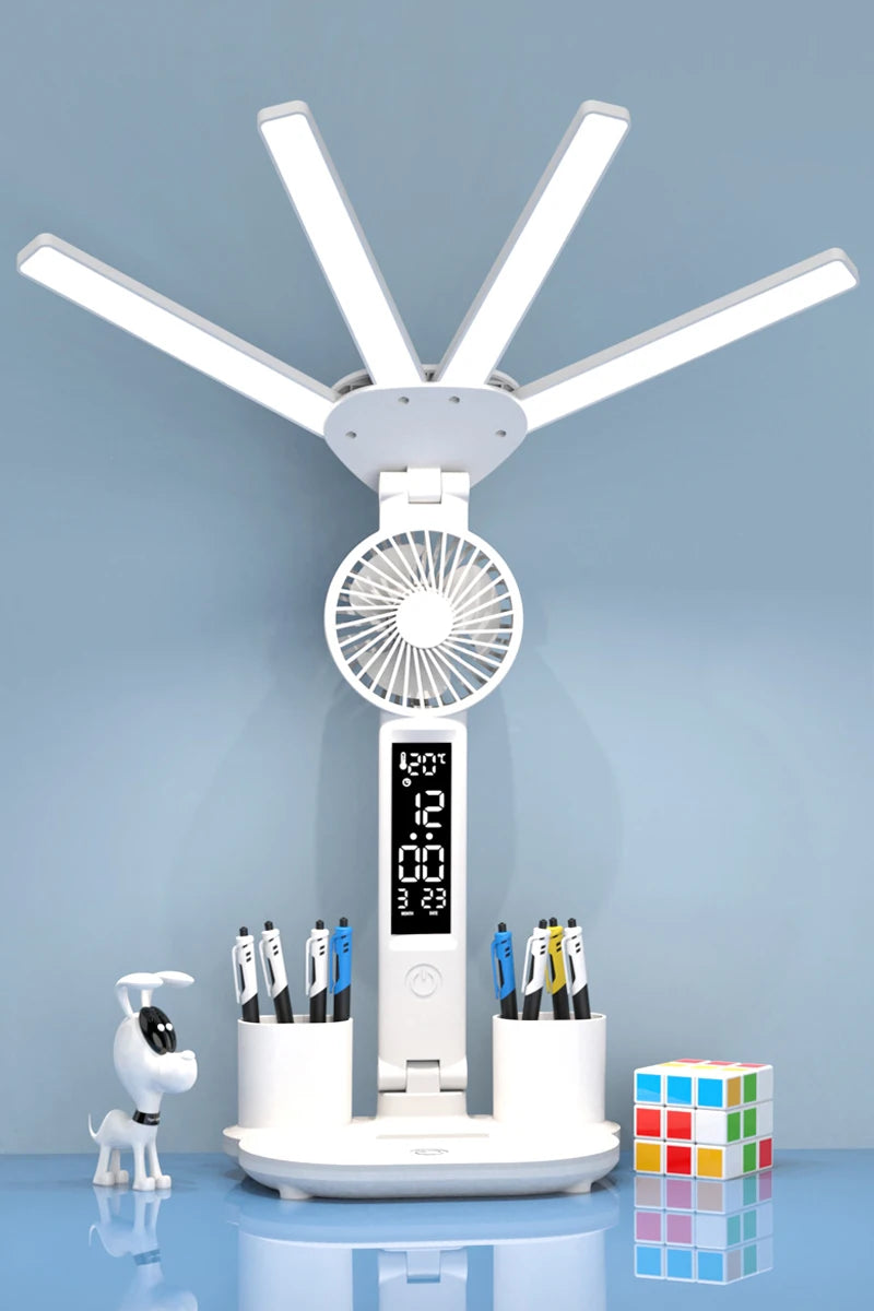 3in1 Multifunction  LED Lamp Four-headed Folding With Fan Calendar Clock