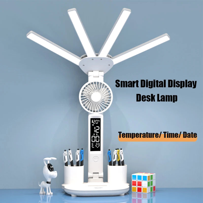 3in1 Multifunction  LED Lamp Four-headed Folding With Fan Calendar Clock