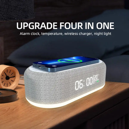 15W Fast Wireless Charging Dock Station with Alarm Clock, LED Time Display, Thermometer, and Earphone/Phone Charger for iPhone and Samsung