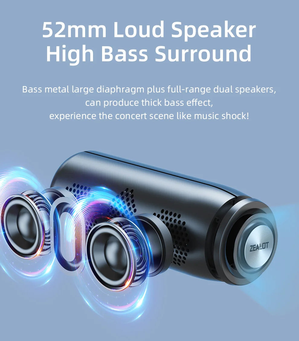 ZEALOT S51 Portable Bluetooth Speaker TWS Wireless Bass Subwoofer Waterproof Outdoor Speakers Boombox AUX TF