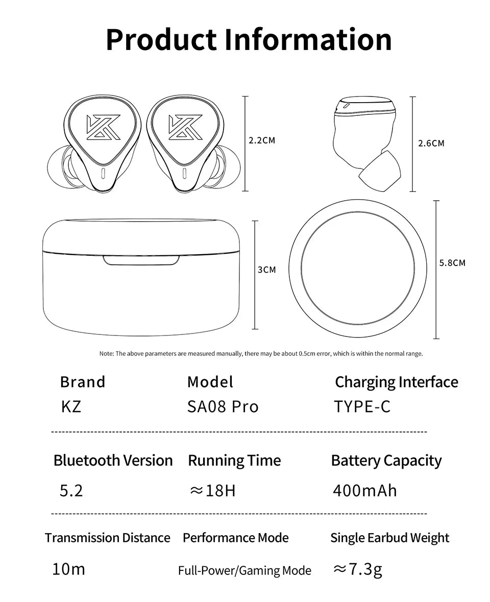 KZ SA08 PRO 8BA Units TWS Bluetooth 5.2 Earphone True Wireless Earbuds Touch Control Noise Cancelling