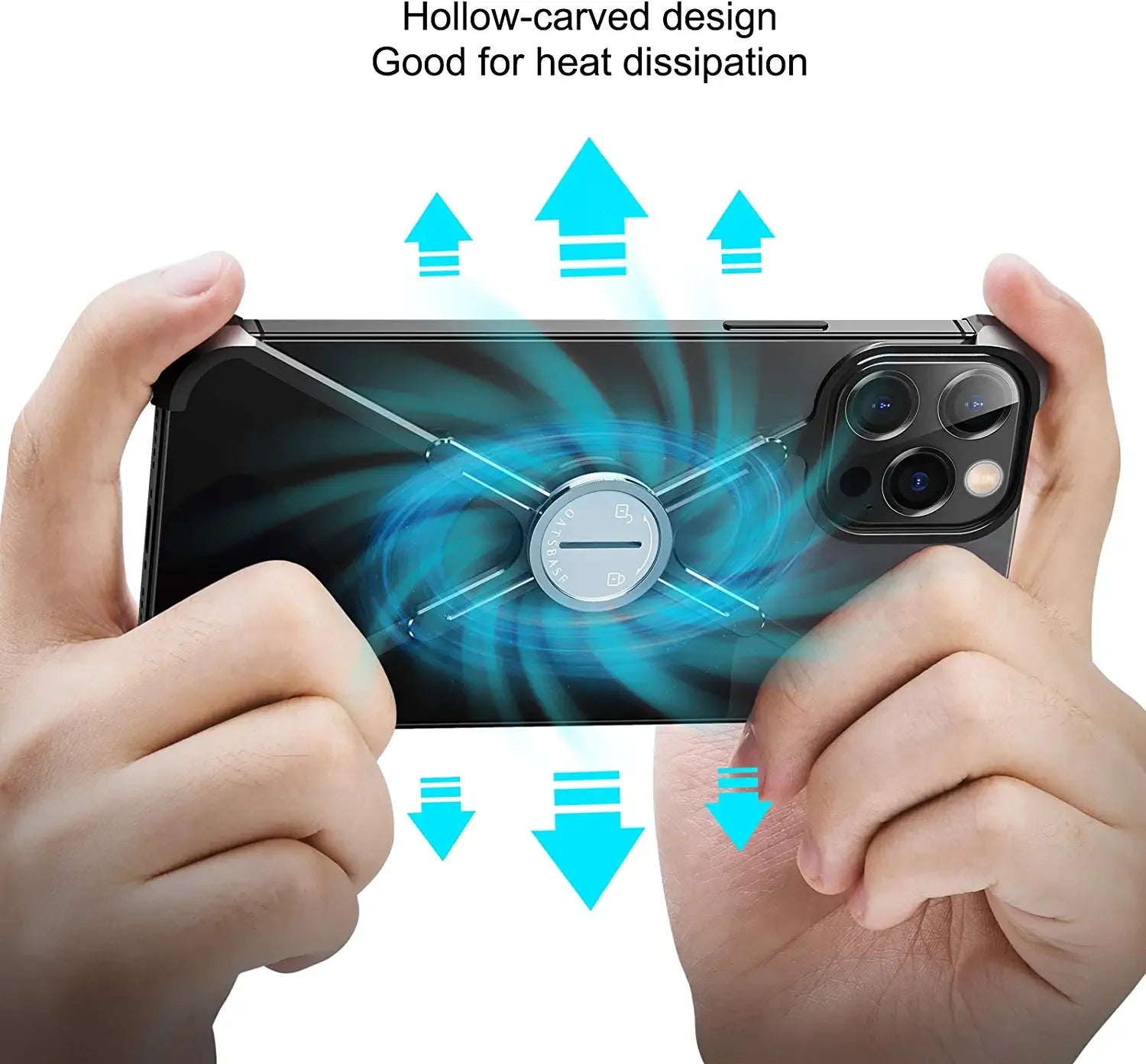 Close-up of Oatsbasf luxury metal phone case on iPhone with heat dissipation feature, showing the sleek bumper design and enhanced camera protection.