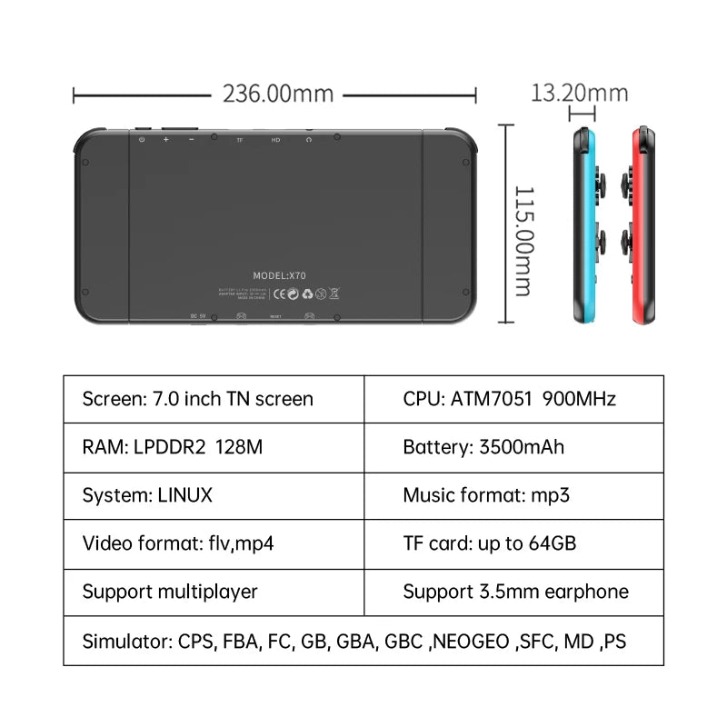 POWKIDDY X70 Handheld Game Console 7 Inch Video Game Players Supports 2 USB Controllers PS1 Game