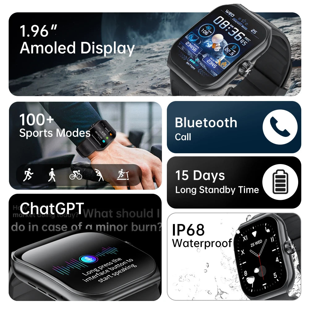 Smartwatch with 100+ Sport Modes, 1.69"AMOLED  NFC, Bluetooth Calling, IP68 Waterproof, and Health & Sleep Monitoring for Men and Women