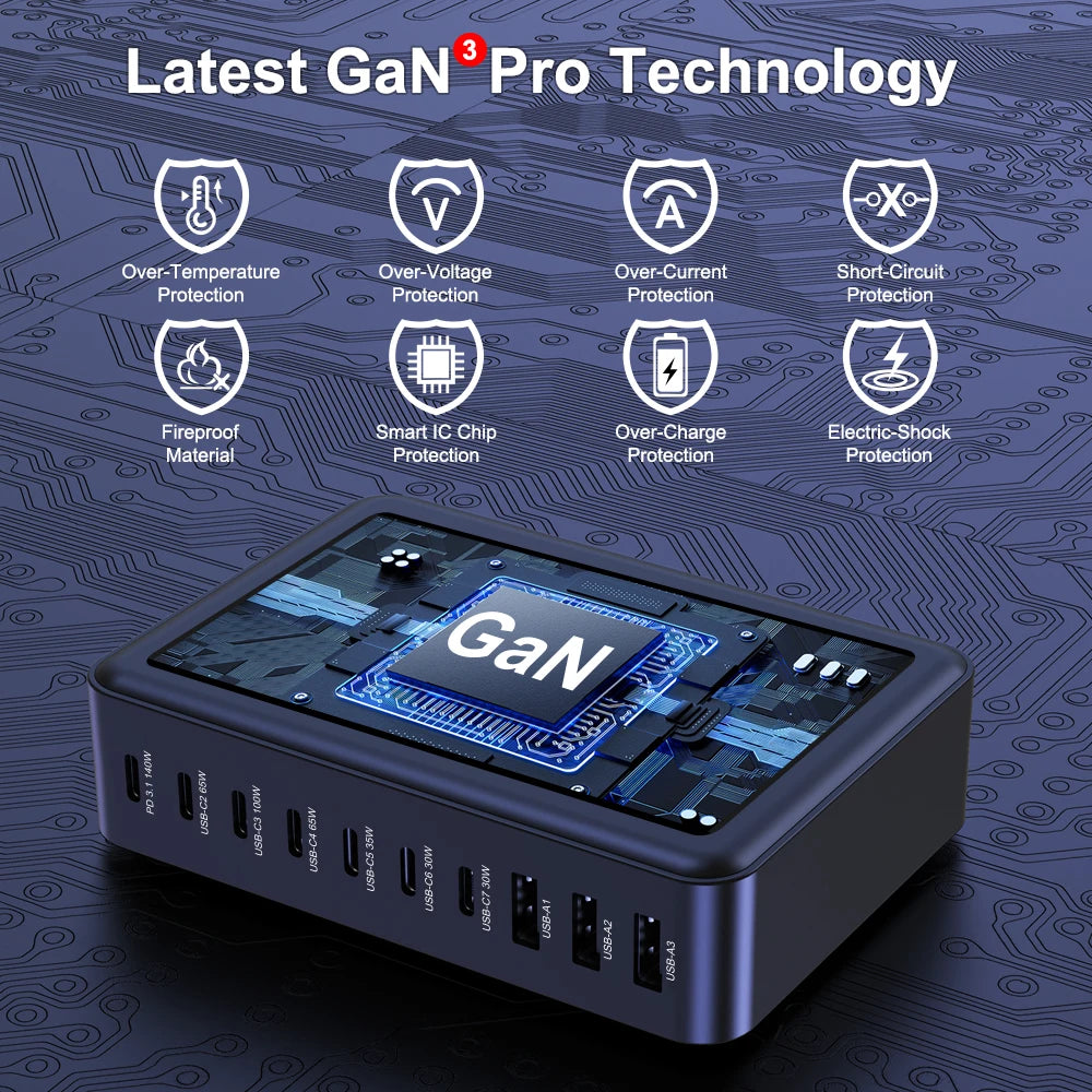 10-Port GaN Fast Charger USB-C Charging Station, 140W Max Single Port PD 3.1 for MacBook Pro, iPhone, and Samsung