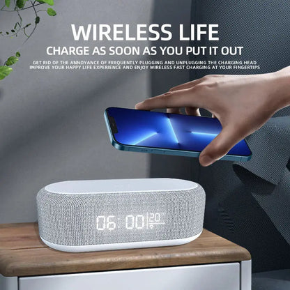 15W Fast Wireless Charging Dock Station with Alarm Clock, LED Time Display, Thermometer, and Earphone/Phone Charger for iPhone and Samsung