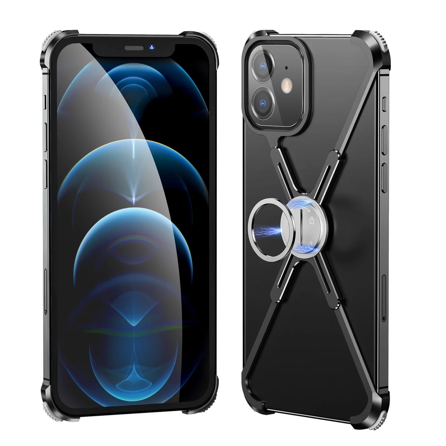 Elegant Oatsbasf luxury metal phone case for iPhone 13/14 Pro Max featuring shockproof frame and bumper design with aviation aluminum material, showing camera and side button details.