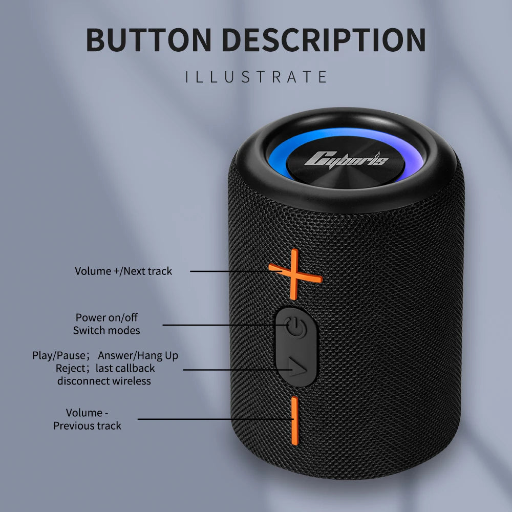 Bluetooth Speaker S10 - 3D Stereo Bass, Portable, Waterproof IPX6, TWS Compatible, Colorful Lights