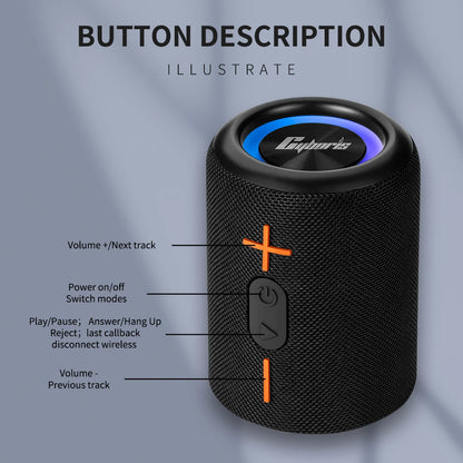 Bluetooth Speaker S10 - 3D Stereo Bass, Portable, Waterproof IPX6, TWS Compatible, Colorful Lights