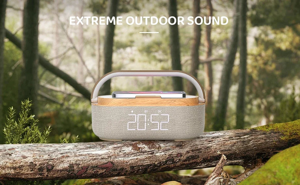 Wooden Bluetooth Speaker with Digital Alarm Clock Wireless Charger FM Adjustable LED Night Light