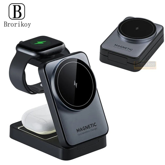 3-in-1 Foldable Magnetic Wireless Charging Dock for iPhone 16/15/14/13/12, Samsung, Apple Watch 9, and AirPods - Fast Charging Station