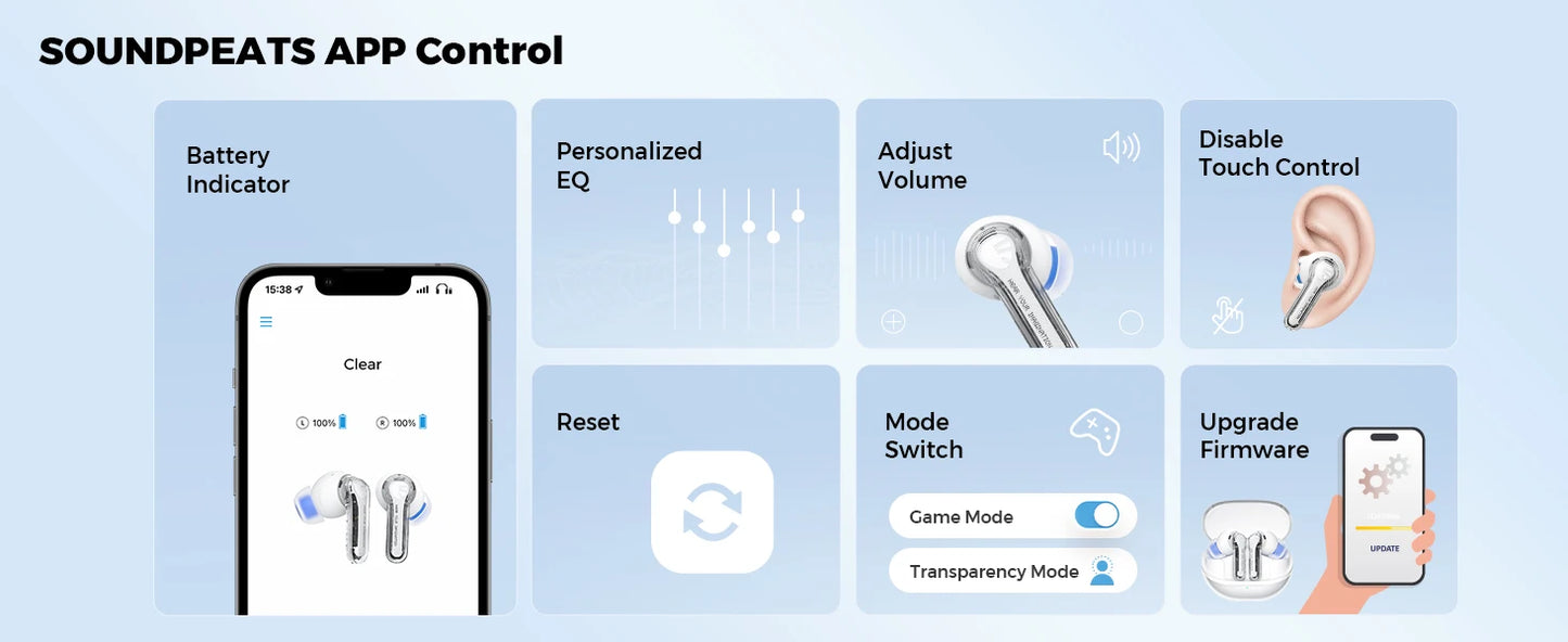 SoundPEATS Clear Transparent Series Bluetooth 5.3 True Wireless Earbuds with Dual ENC Mic