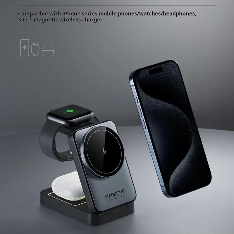 3-in-1 Foldable Magnetic Wireless Charging Dock for iPhone 16/15/14/13/12, Samsung, Apple Watch 9, and AirPods - Fast Charging Station